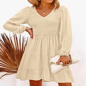 Women's Casual V Neck Long Sleeve Smocked High Waist Ruffle A Line Tiered-SIZE M